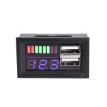 Digital voltmeter with blue LEDs and indicator, 12 V, charging 2 x USB 5V2A, 3 digit, 2 wires, black case